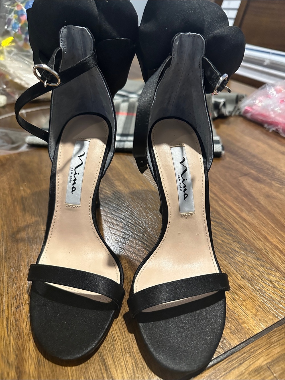 Nina Black Satin Open-Toe Ankle-Strap Heels